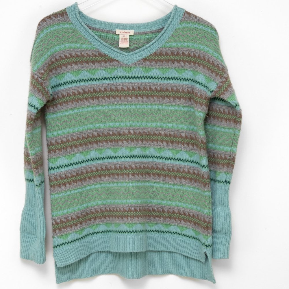 Sundance Nordic Isle Cashmere Sweater Pullover Wool V-neck Green Brown Size XS - Picture 2 of 7